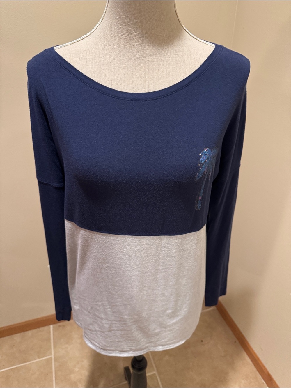 Lilly Pulitzer Navy and Light Gray Colorblock Boatneck Long Sleeve Top